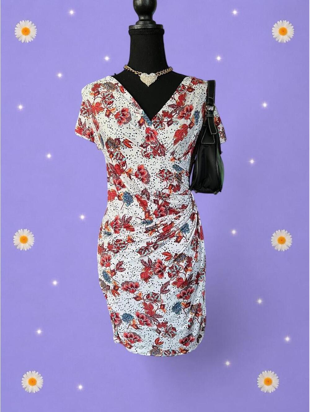 Vintage Y2K Egerie Paris Floral Faux Wrap Ruched Bodycon Dress Size Small 🌺